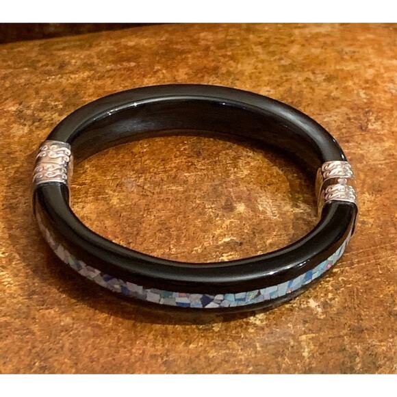 Jay King Black Agate and Opal Mosaic Inlay Hinged Bangle - Picture 3 of 6